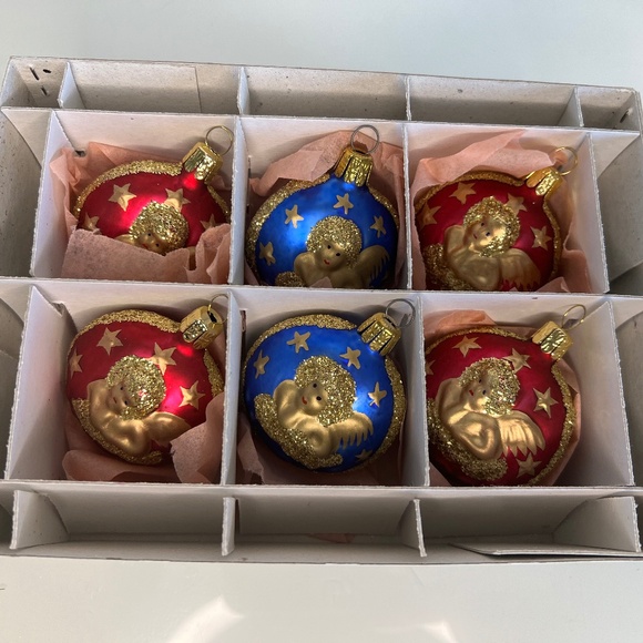 Vintage Cherub Glass Christmas Ornaments Set of 6 Blue And Red 2” - Picture 1 of 14